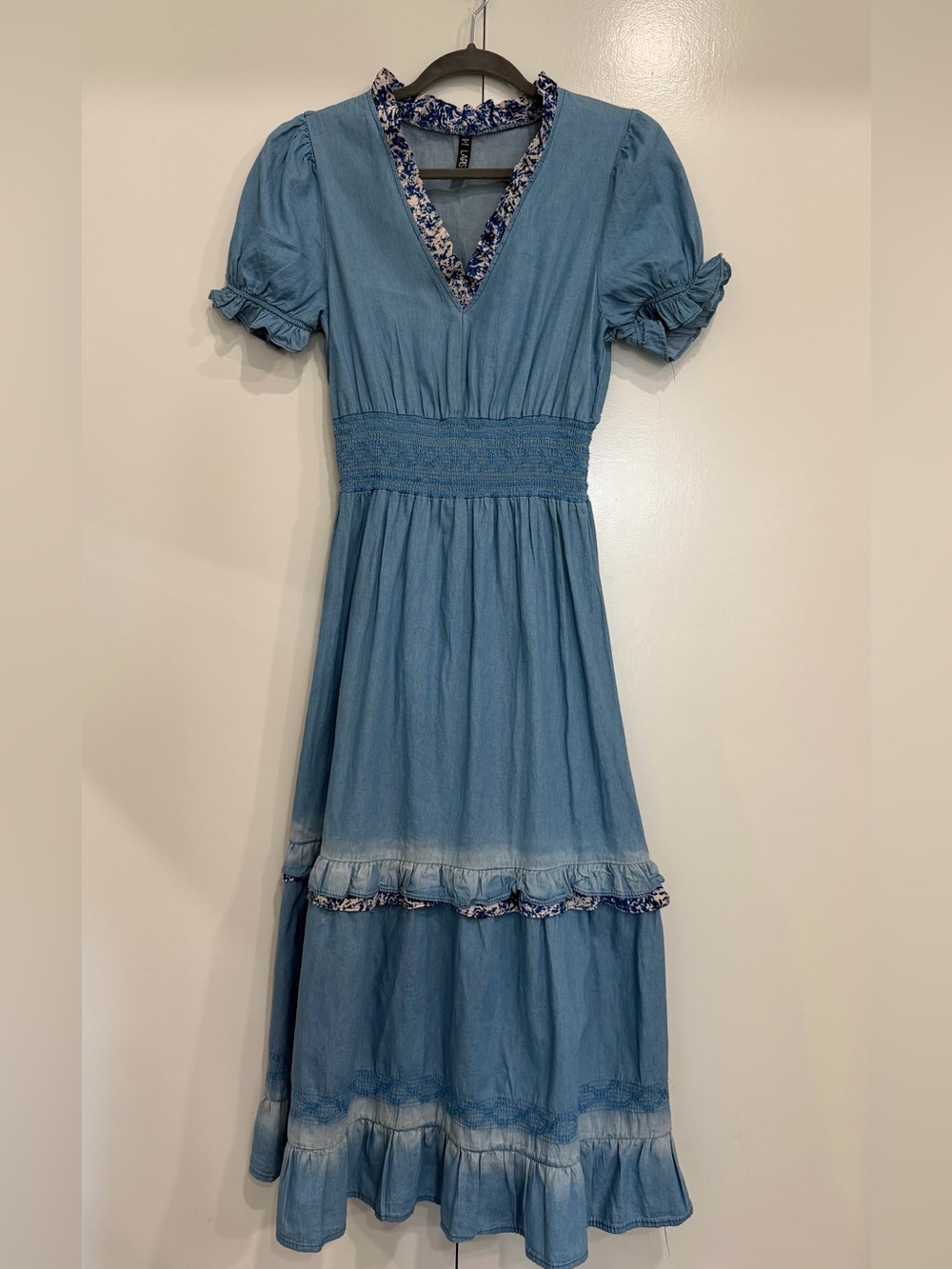 Lapis Brand Blue V-Neck Tiered Midi Dress with Smocked Elastic Waist